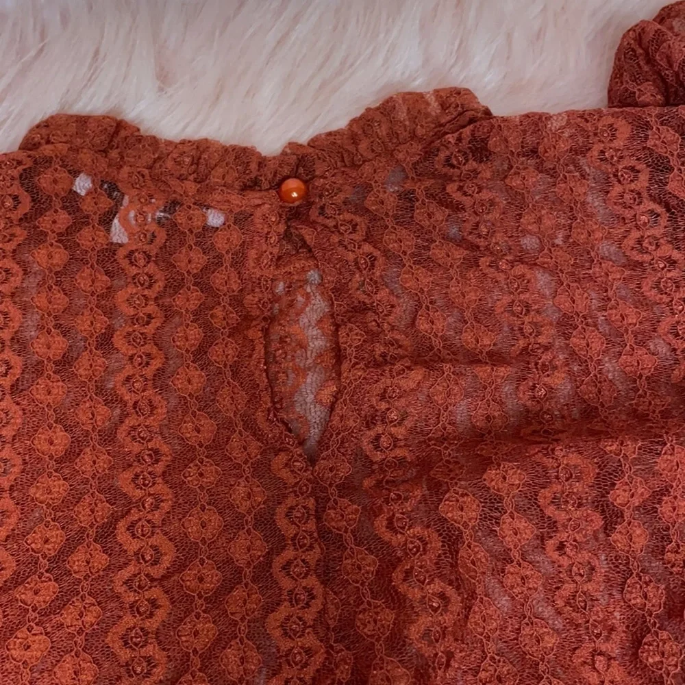 New Trendy Brick Color Sheer Crochet Mock Neck Long Sleeve Blouse